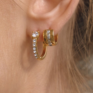 Elegant gold-plated stainless steel hoop earrings with round and square cubic zirconia stones