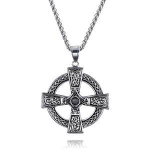 Vintage Celtic cross pendant necklace in distressed silver steel with twisted chain link