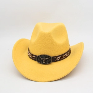 Western Cowboy Hat Polyester Felt Bull Head Buckle Braided Band Wide Curved Brim Retro Ethnic Style Men Women