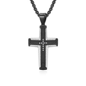 Hip hop black and silver cross pendant necklace with tire texture and small stones