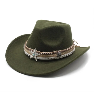 Detail of western wool fedora with vintage star buckle and decorative woven headband
