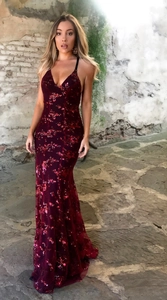 Elegant burgundy sequin V-neck formal dress with spaghetti straps and slim-fit maxi silhouette