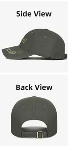 Detail of adjustable metal buckle and U.S. ARMY embroidery on olive camo baseball cap