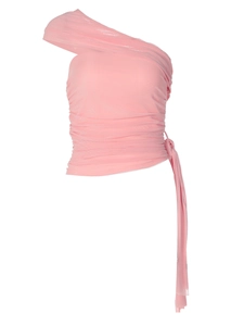 Pink one-shoulder ruffled top with side tie ribbons and layered mesh texture