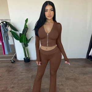 Women Zip Up Hooded Cropped Top And Flare Leg Trousers Outfit Polyester Spandex Slim Fit Streetwear Casual