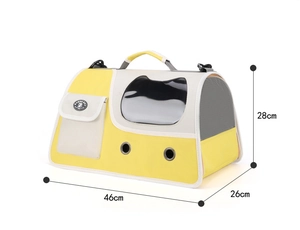 Close-up of cat carrier with dimensions 46x26x28cm showing breathable mesh and view window