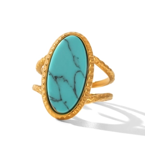 Close-up of turquoise stone set in a textured gold stainless steel ring band