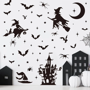 Halloween Adesivi Murali Strega Pipistrelli Castello Silhouette Nera PVC Decalcomanie Finestra Decorazioni Casa
