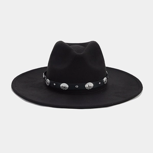 Detail of black wide brim felt hat featuring silver studs and metal embossed ornaments