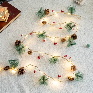 Christmas LED String Lights Pinecone Red Berries Pine Needles Warm White Fairy Lights For Indoor Home Party Holiday Decor Hanging Ornament Rustic Natural