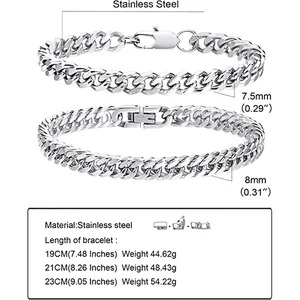 Size guide for thick stainless steel Cuban link bracelets with weight and length details
