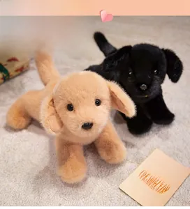 Détail de peluches chiots golden retriever et noir sur tapis moelleux décoré