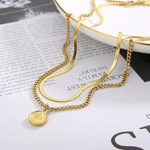 Double Layer Necklace Stainless Steel Retro Coin Pendant Queen Portrait Snake Curb Chain Vintage Jewelry For Women