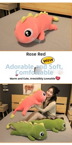 Macro detail of a soft rose red dinosaur plush toy pillow with vivid facial features