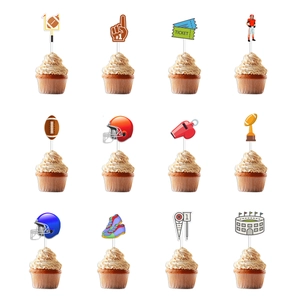12-piece American football theme cupcake toppers with football, helmet, and trophy designs