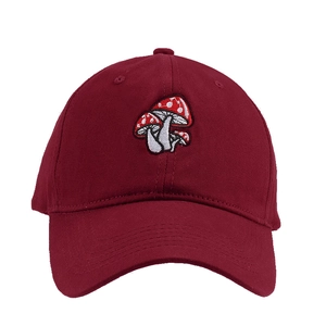 Burgundy baseball cap featuring three red and white mushroom embroidery on front