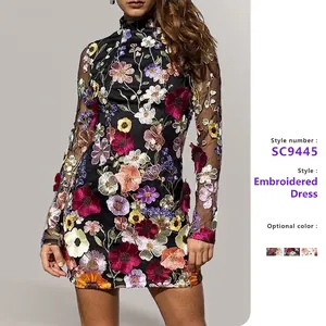 Γυναικείο Κομψό Φόρεμα με 3D Λουλουδάτο Κέντημα Δαντέλα και Πλέγμα Μακρυμάνικο Στενό Midi Φόρεμα για Γάμο Πάρτι Συμπόσιο