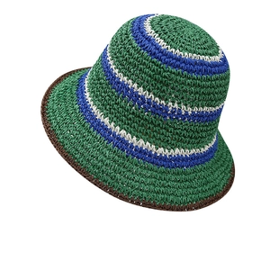 Handmade striped straw sun hat with wide brim in green blue and white for beach summer