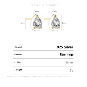 Size chart showing dimensions of S925 silver pear cut zircon stud earrings in millimeters