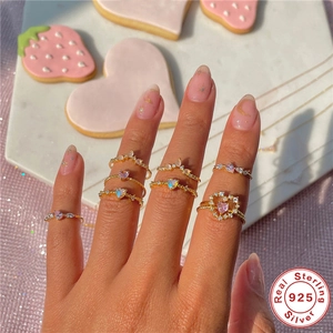Adjustable S925 sterling silver heart and V-shaped gold rings with colorful gemstones