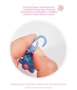 Close-up of blue flower pendant featuring an easy-to-use metal spring clasp for bags