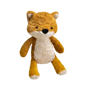 Cute orange plush fox stuffed animal with soft fur and white accents on a white background