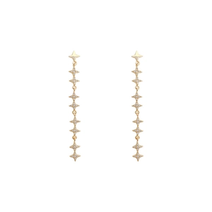 Elegant long gold fringe earrings with shimmering cubic zirconia stars on a white background