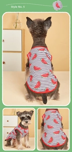 Detailed views of striped dog vest with watermelon print and red ribbed trims