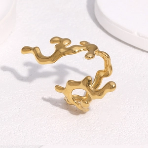 Minimalist gold coral style stainless steel open ring with organic lava design