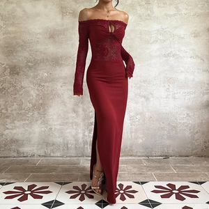 Detail of wine red off-shoulder lace dress featuring a side high slit for a sexy look