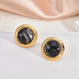 French vintage 18K gold plated stainless steel stud earrings with grey marble stone inlay