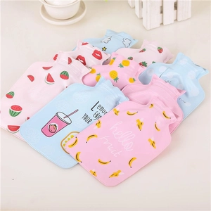 Cartoon PVC mini hot water bottles featuring fruit patterns in pink and blue colors