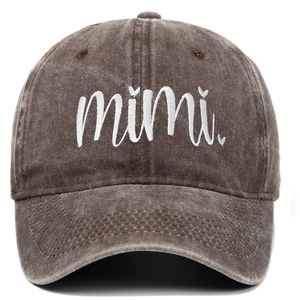 Detailed close-up of white MIMI embroidery on a distressed dark grey vintage cotton baseball cap
