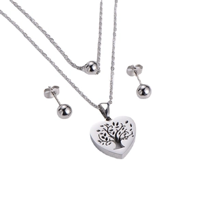 Three-piece stainless steel jewelry set featuring a hollow heart tree of life necklace and studs