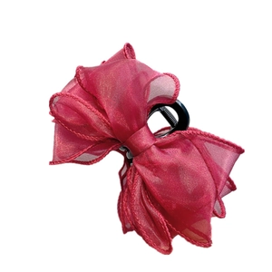 Elegant red organza bow hair claw clip with multi-layered sheer fabric for women