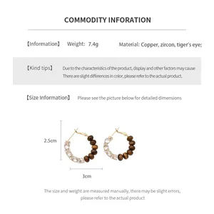 Detailed size chart of tiger eye hoop earrings with dimensions and material specifications