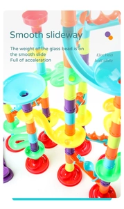 Detail view of colorful marble run block set with spinning funnel and gravity slides