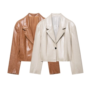 Damen Kunstleder Blazer Jacke Revers Knopfverschluss Langarm Kurz Geschnitten PU Oberbekleidung Streetwear