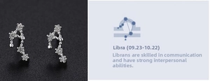 Detail of sterling silver Libra zodiac stud earrings with sparkling zircon stones