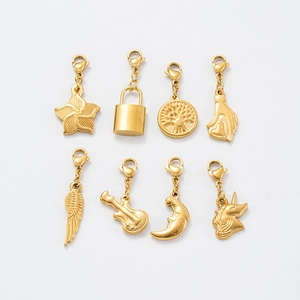 Detailed set of eight golden stainless steel charms with lobster clasps on white background