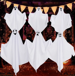 Detail of six Halloween hanging ghosts with diverse facial expressions for outdoor decor