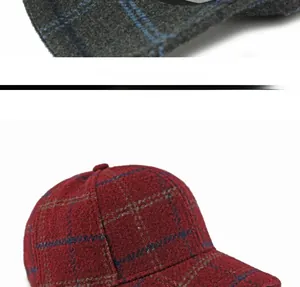 Close-up of vintage plaid baseball caps showing thick woolen texture and detailed weave