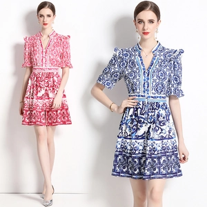 Elegant Retro Porcelain Print V Neck Mini Dress Polyester Flare Short Sleeve Single Breasted A-Line For Women