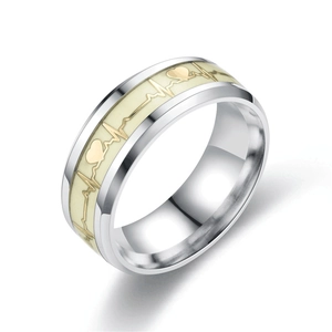 Detailed view of silver titanium steel ring with heartbeat pattern and luminous inlay
