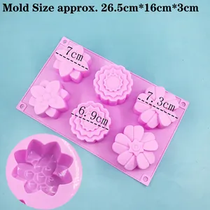 Pink 6-cavity floral silicone mold for DIY soap and candles, size 26.5x16x3cm