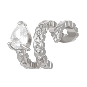 Macro detail of silver ear cuff with pear-cut cubic zirconia and textured lattice pattern