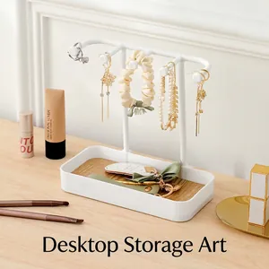 Minimalist desktop jewelry organizer stand with T-bar hooks and white tray base