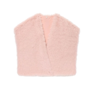 Pink faux fur vest for women with V-neck sleeveless design in flat lay view