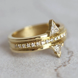 Elegant gold triangle zircon open ring with micro-pave diamonds on matte stone base