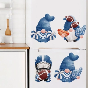 Detailed view of blue and white football gnomes stickers on a white kitchen refrigerator